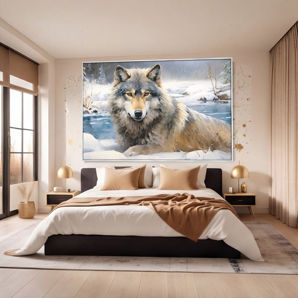 Tablou canvas cu pictura cu lup singuratic in zapada, in rama de aluminiu argintiu, pe perete intr-un dormitor